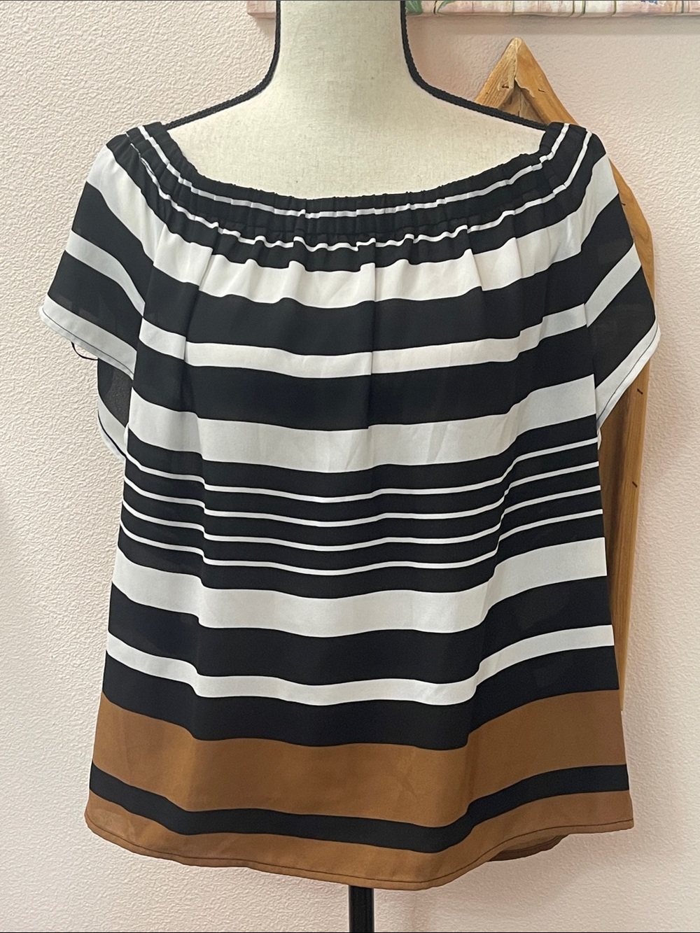 Michael Kors Black, White & Brown Striped Off-Shoulder Tunic